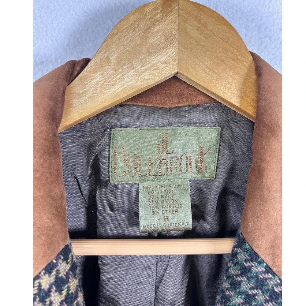 Vintage JL‎ Colebrook Blazer Women 6 Green Tan Houndstooth Wool Blend Suede Trim